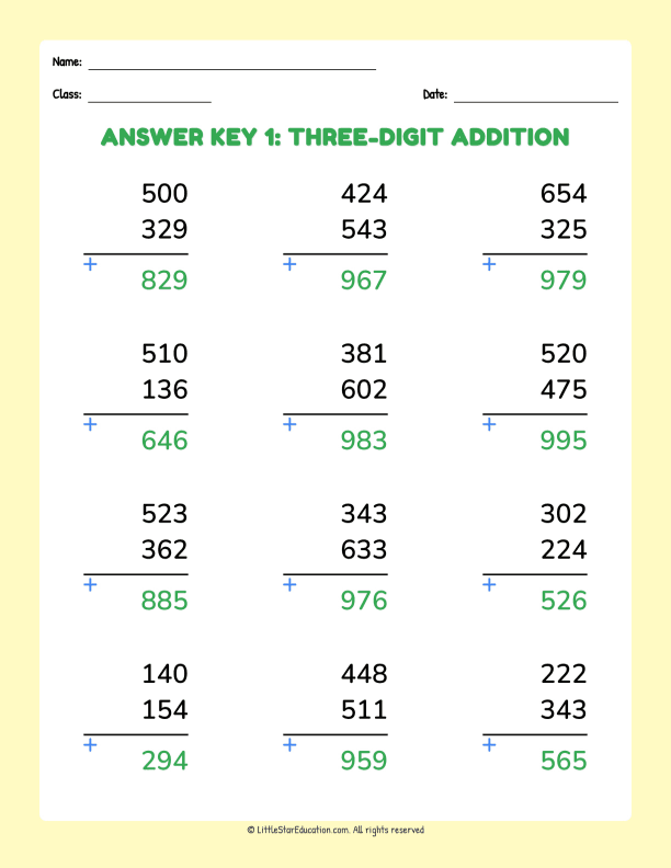 Elementary Math Three Digit Addition Basic