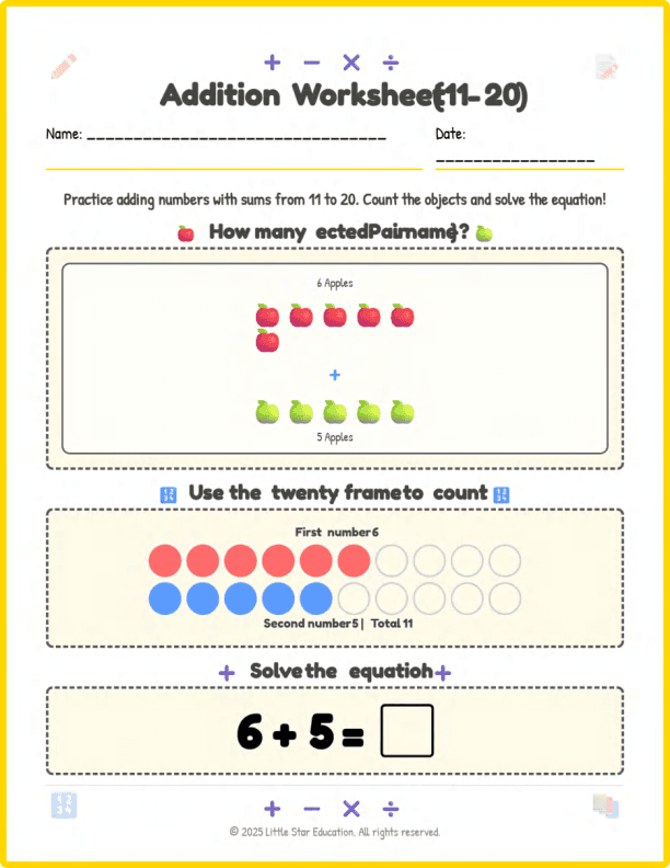 Grade 1 Addition Worksheets 1 to 10