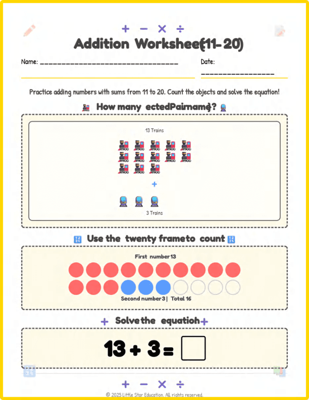 Grade 1 Addition Worksheets 11 to 20