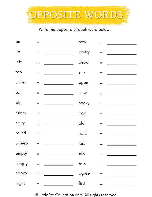 Grade 1 Opposite Words Worksheet