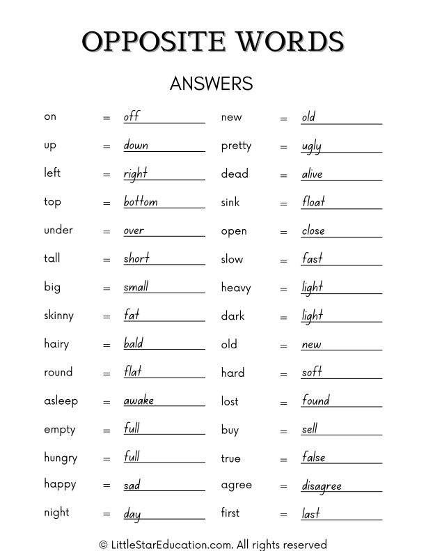 Grade 1 Opposite Words Worksheet