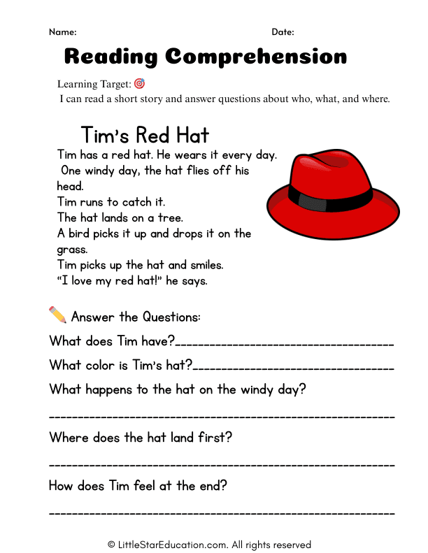 Grade 1comprehension Tim’s Red Hat Worksheet