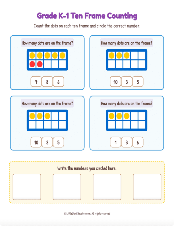 Grade K1 Ten Frame Counting 1 to 10