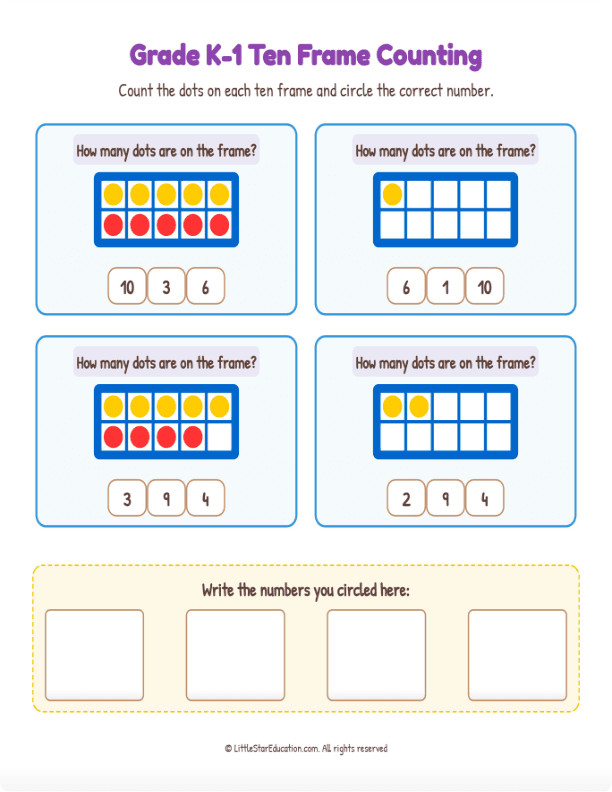 Grade K1 Ten Frame Counting 1 to 10