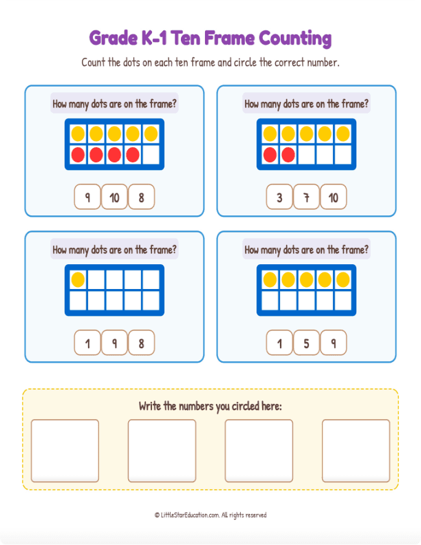 Grade K1 Ten Frame Counting 1 to 10