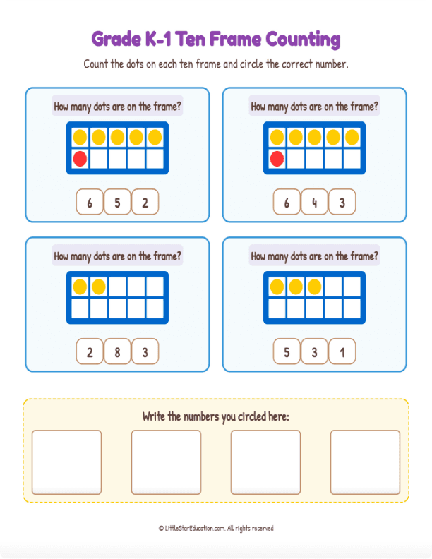 Grade K1 Ten Frame Counting 1 to 10