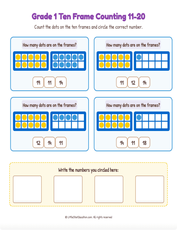 Grade K-1 Double Ten Frame Counting 11 to 20