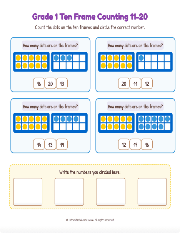 Grade K-1 Double Ten Frame Counting 11 to 20
