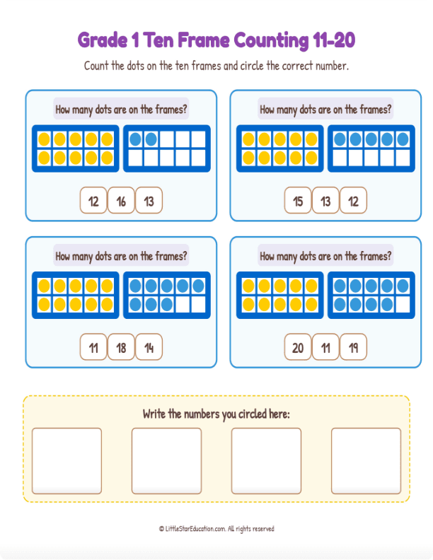 Grade K-1 Double Ten Frame Counting 11 to 20