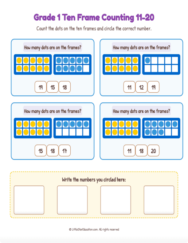 Grade K-1 Double Ten Frame Counting 11 to 20