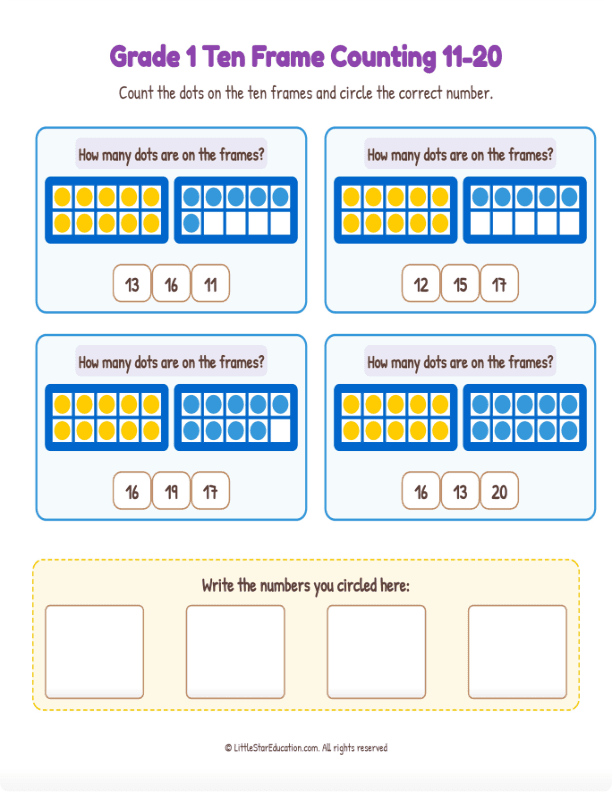 Grade K-1 Double Ten Frame Counting 11 to 20