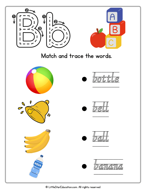 Letter B Word Matching and Tracing Worskeet