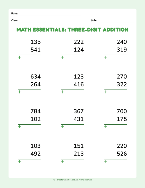 Math Essentials Three Digit Addition Basic