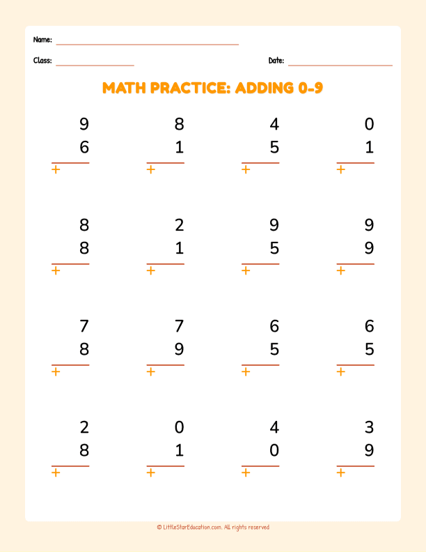Math Practice Adding 0 to 9