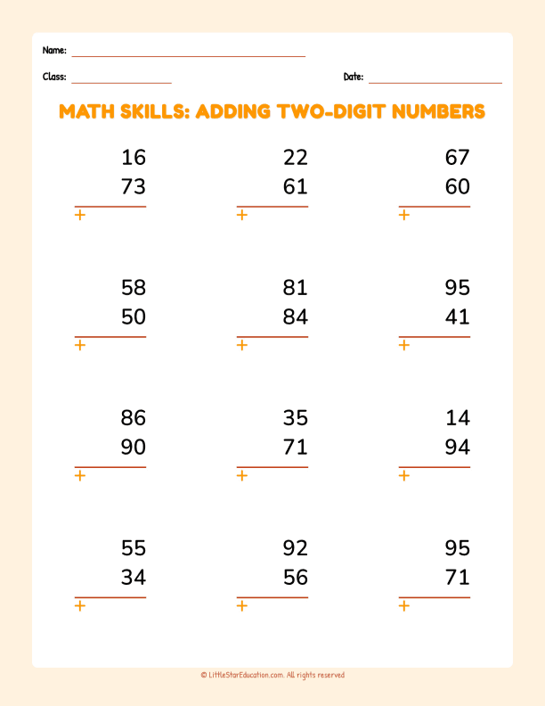 Math Skills Adding Two Digit Numbers Basic