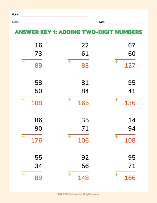 Math Skills Adding Two Digit Numbers Basic