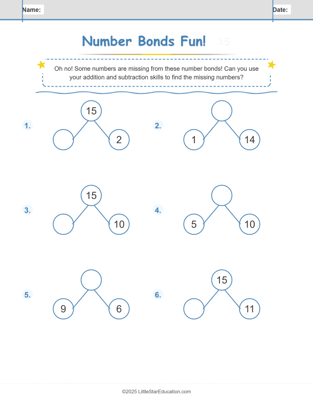 Number Bonds  Make 15 Worksheet