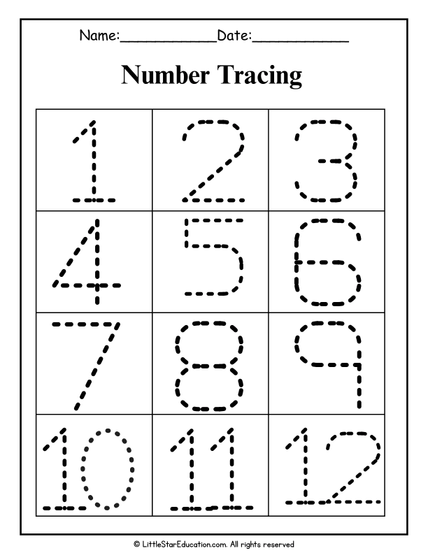 Number Tracing Practice 1 to 12
