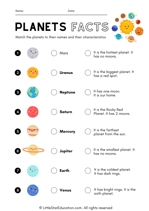 Planets Feature Facts Matching Worksheet