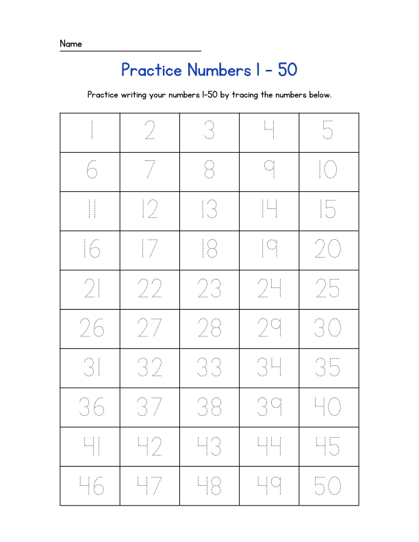 Practice Writing Numbers: Number 1-50