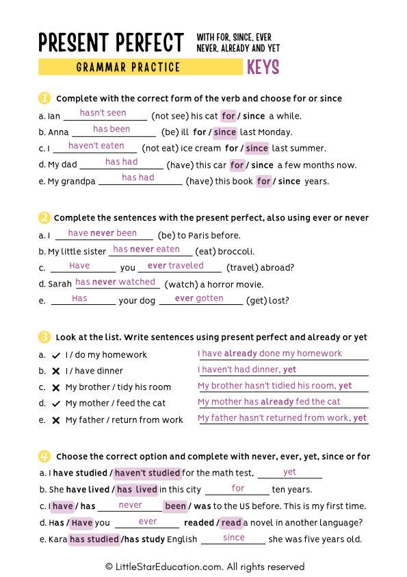 Present Perfect Grammar Worksheet