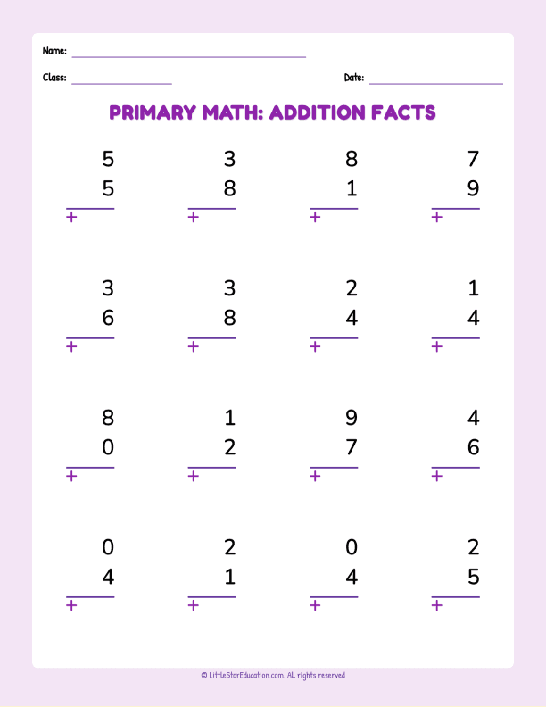 Primary Math Addition Facts