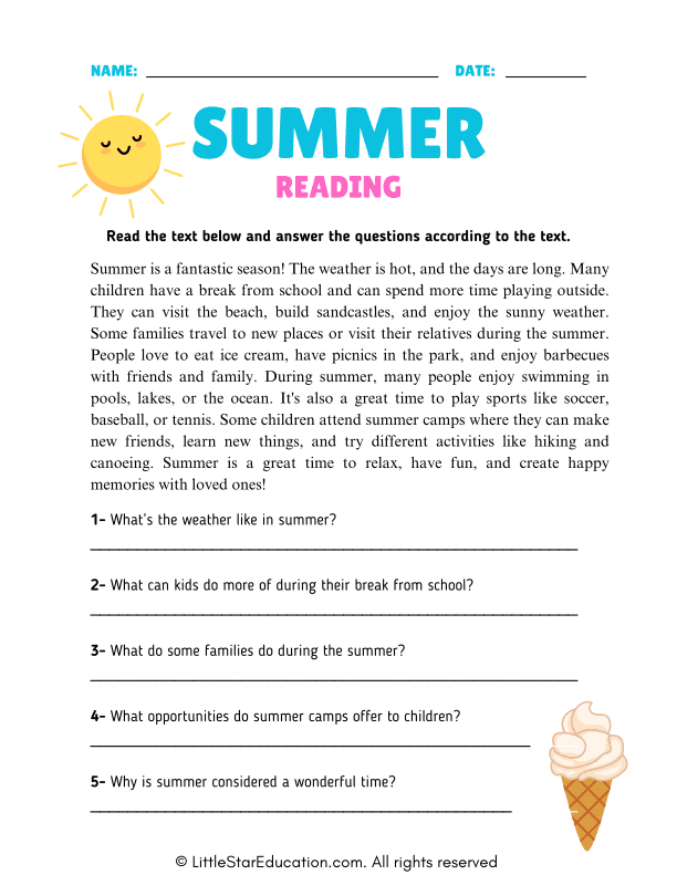 Reading Worksheet About Summer