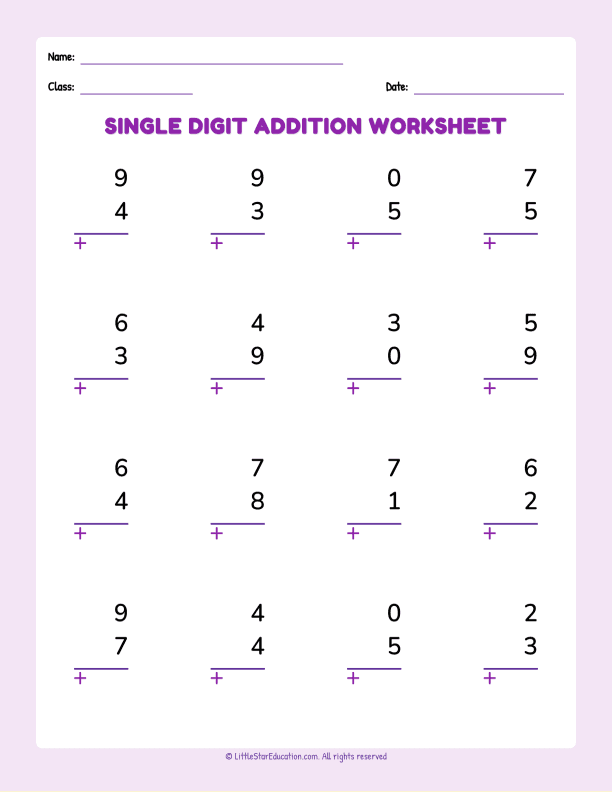Single Digit Addition Worksheet