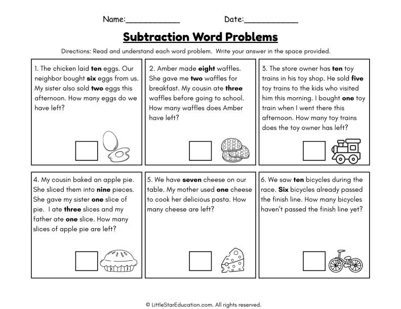 Subtraction Word Problems for First Grade