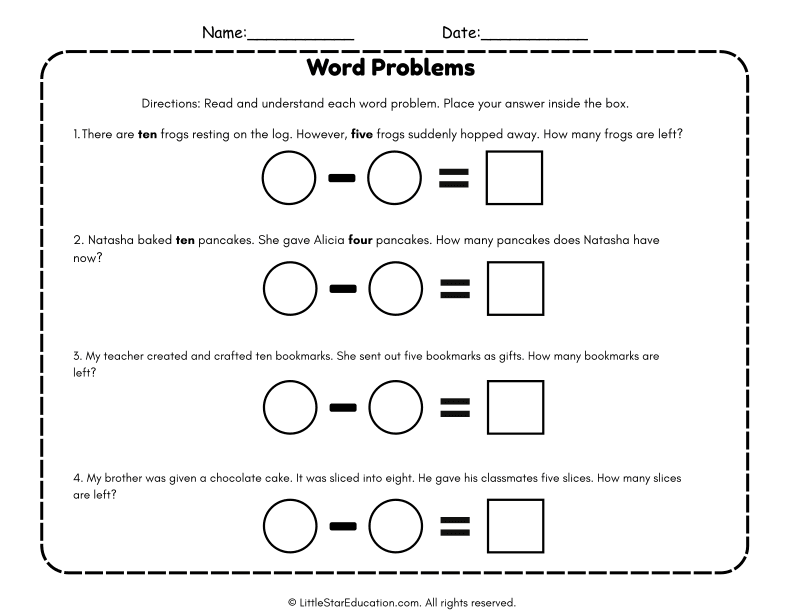 Subtraction Word Problems for Grade 1 Math
