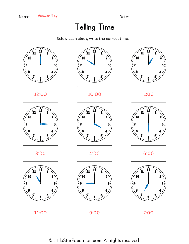 Telling Time Worksheet with Answer Key