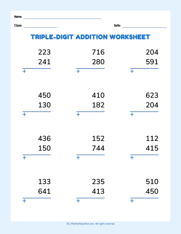 Triple Digit Addition Worksheet Basic
