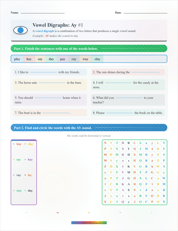 Vowel Digraph Ay Phonics Reading Worksheet