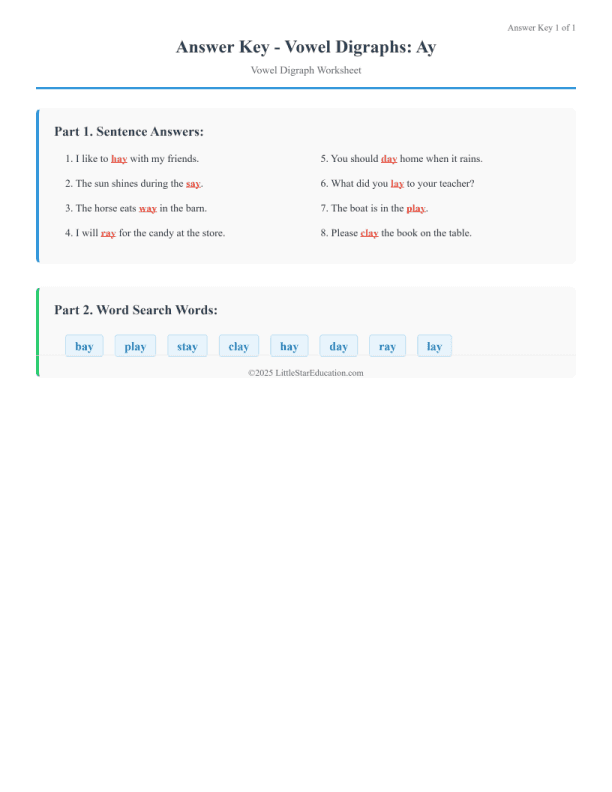 Vowel Digraph Ay Phonics Reading Worksheet