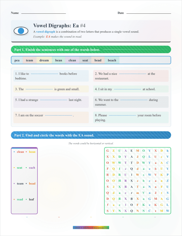 Vowel Digraph Ea Phonics Reading Worksheet