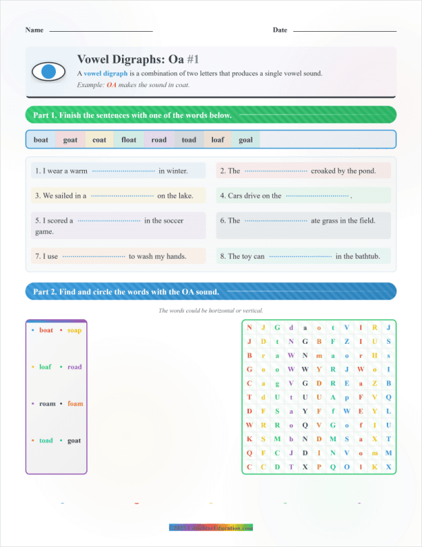 Vowel Digraph Oa Phonics Reading Worksheet