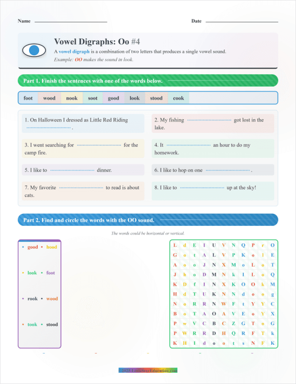Vowel Digraph Oo Phonics Reading Worksheet
