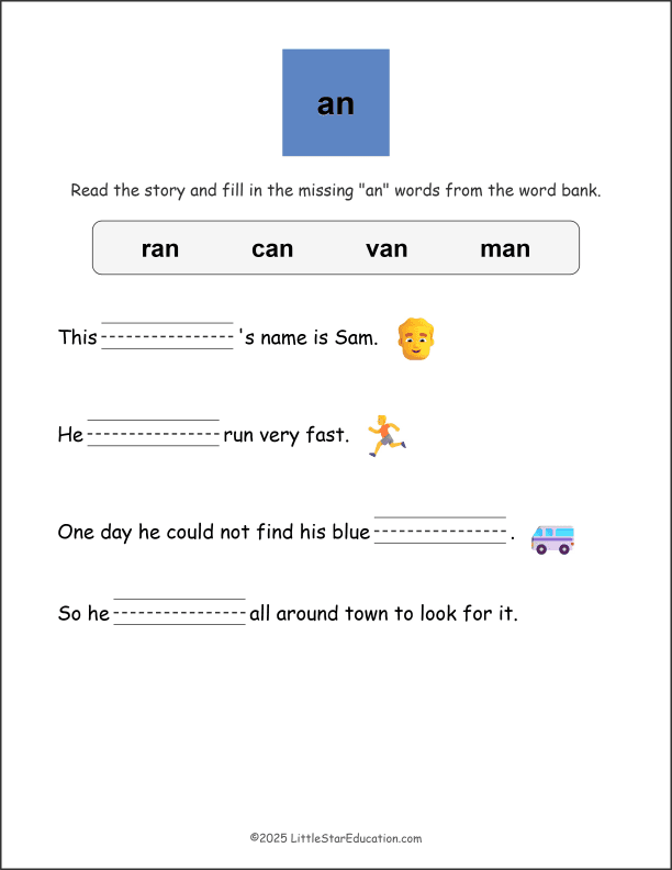 Word Family an Story Worksheet