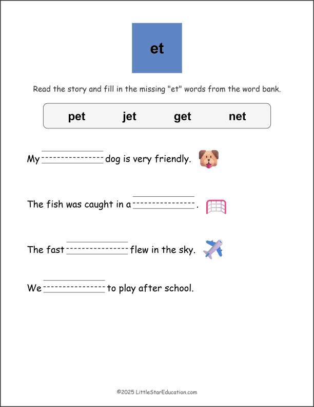 Word Family Et Story Worksheet