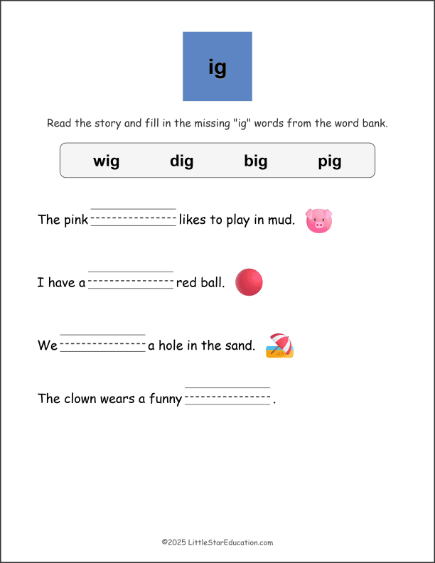 Word Family Ig Story Worksheet