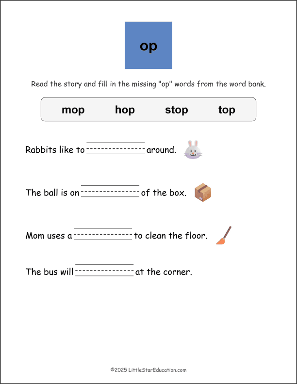 Word Family Op Story Worksheet