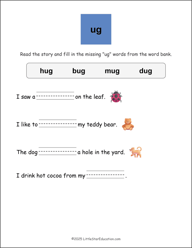 Word Family Ug Story Worksheet