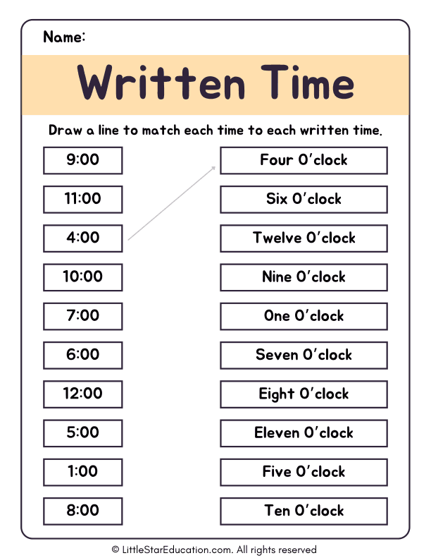 Written Time Matching Worksheet