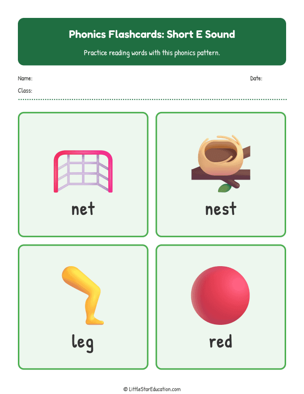 Elementary Phonics Flashcards Short E Sound