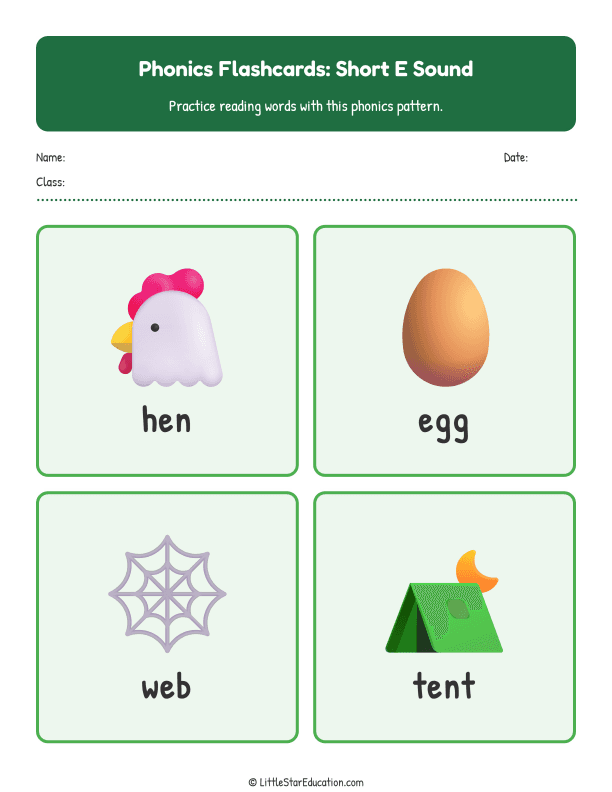 Elementary Phonics Flashcards Short E Sound