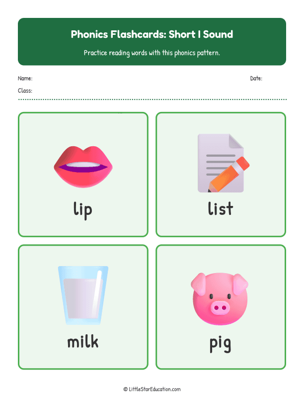 Elementary Phonics Flashcards Short I Sound