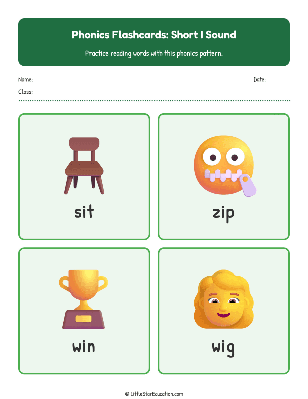 Elementary Phonics Flashcards Short I Sound