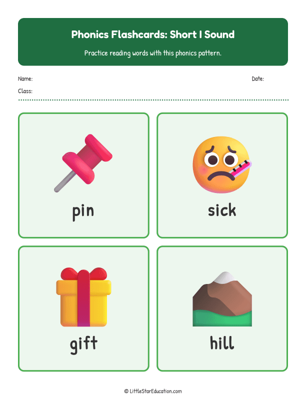 Elementary Phonics Flashcards Short I Sound