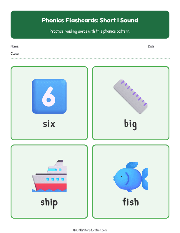 Elementary Phonics Flashcards Short I Sound
