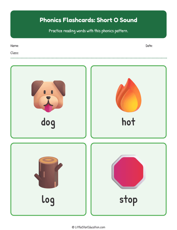 Elementary Phonics Flashcards Short O Sound